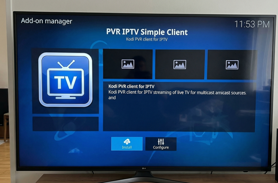  Kodi add-on manager showing PVR IPTV Simple Client installation screen]