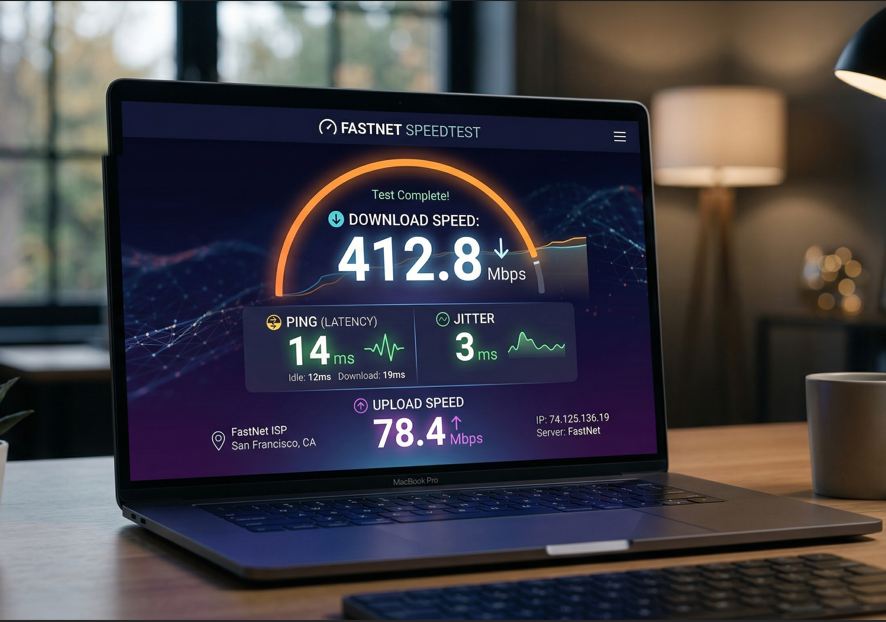 Speed test result showing download speed, ping, and jitter values]