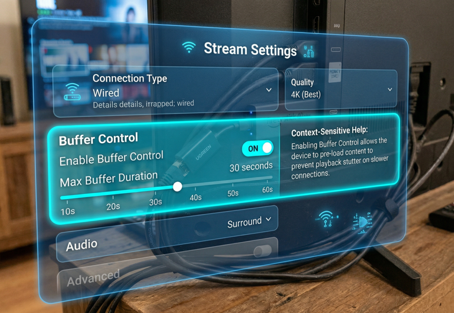 Stream Settings panel with buffer control toggle highlighted]