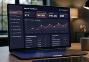Reseller dashboard main screen with sidebar tabs visible]