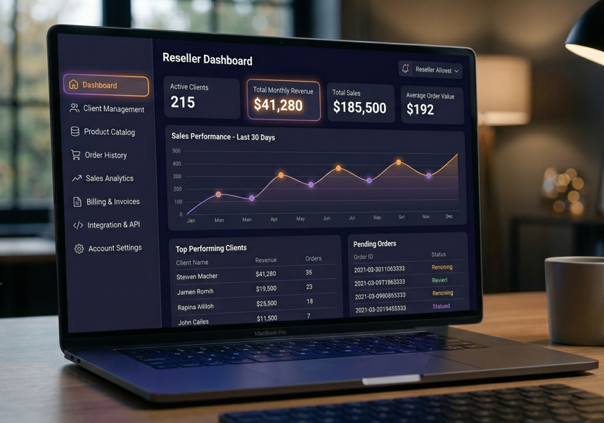 Reseller dashboard main screen with sidebar tabs visible]