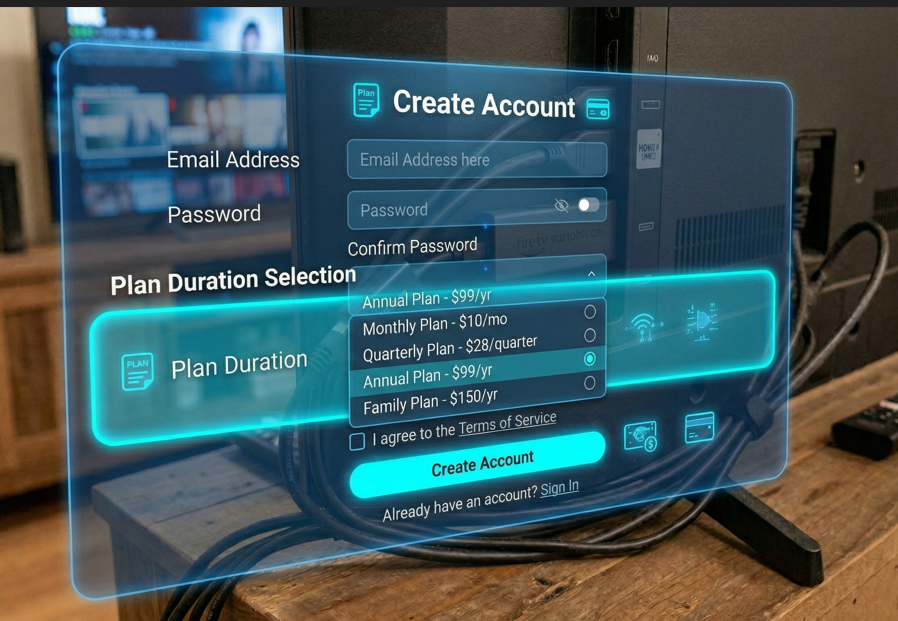 Create Account screen with plan duration selection dropdown