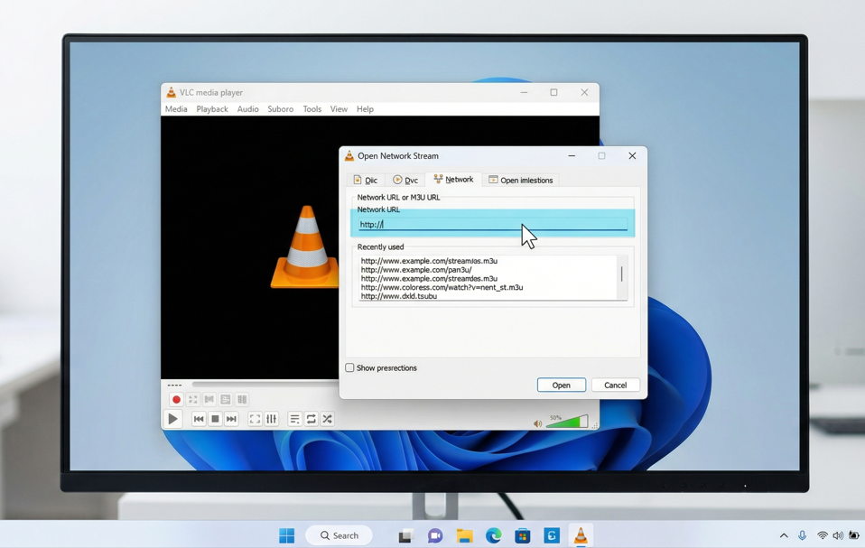  VLC Media Player open network stream dialog with M3U URL field highlighted
