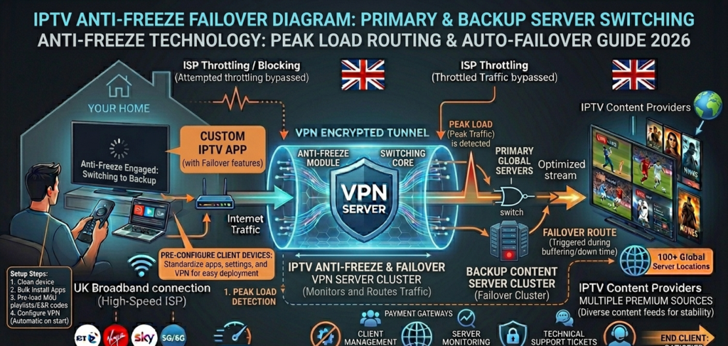 IPTV anti-freeze failover diagram showing primary and backup server switching