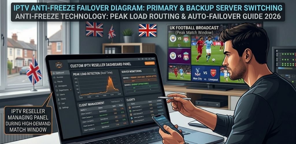 IPTV reseller dashboard on a laptop with UK football broadcast in background