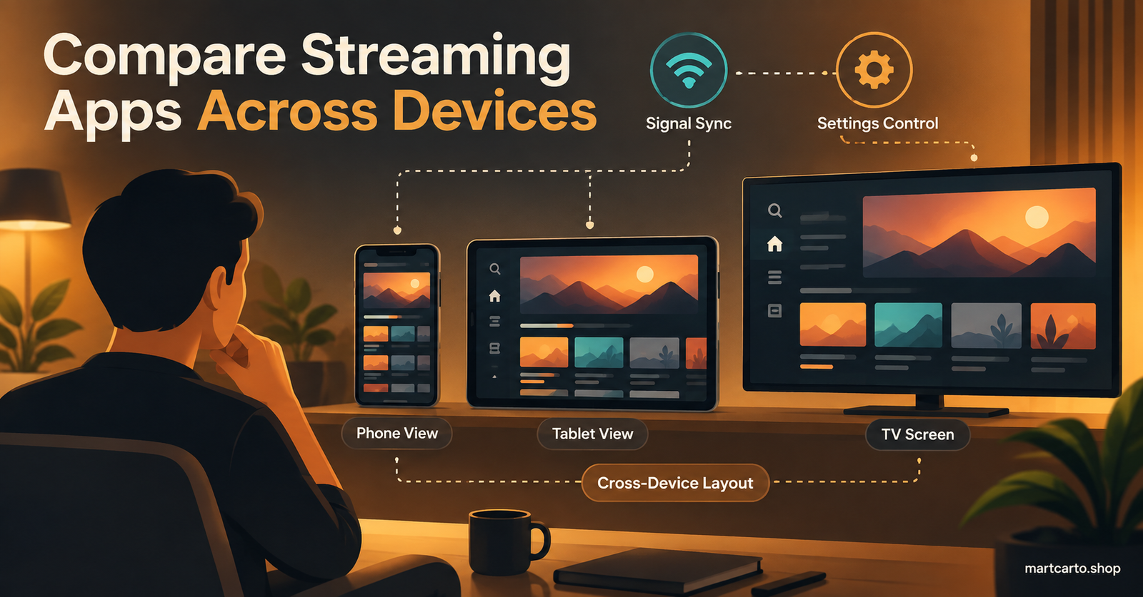 Person comparing streaming apps across phone, tablet and TV screen